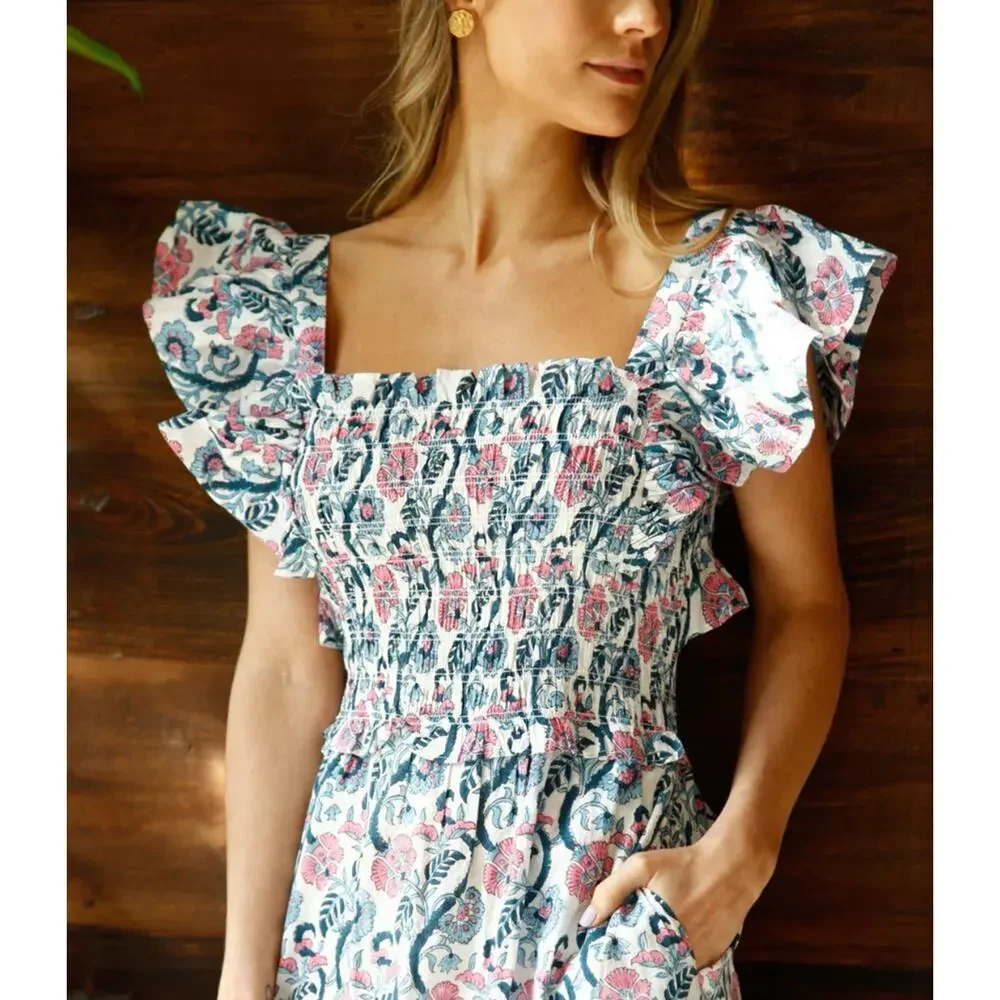 ANNA CATE Giselle Dress Blue Pink Floral Block Print Ruffle Smocked Maxi - Picture 2 of 8
